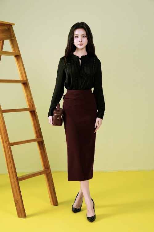 Sixdo Black Long Sleeves Silk Blouse